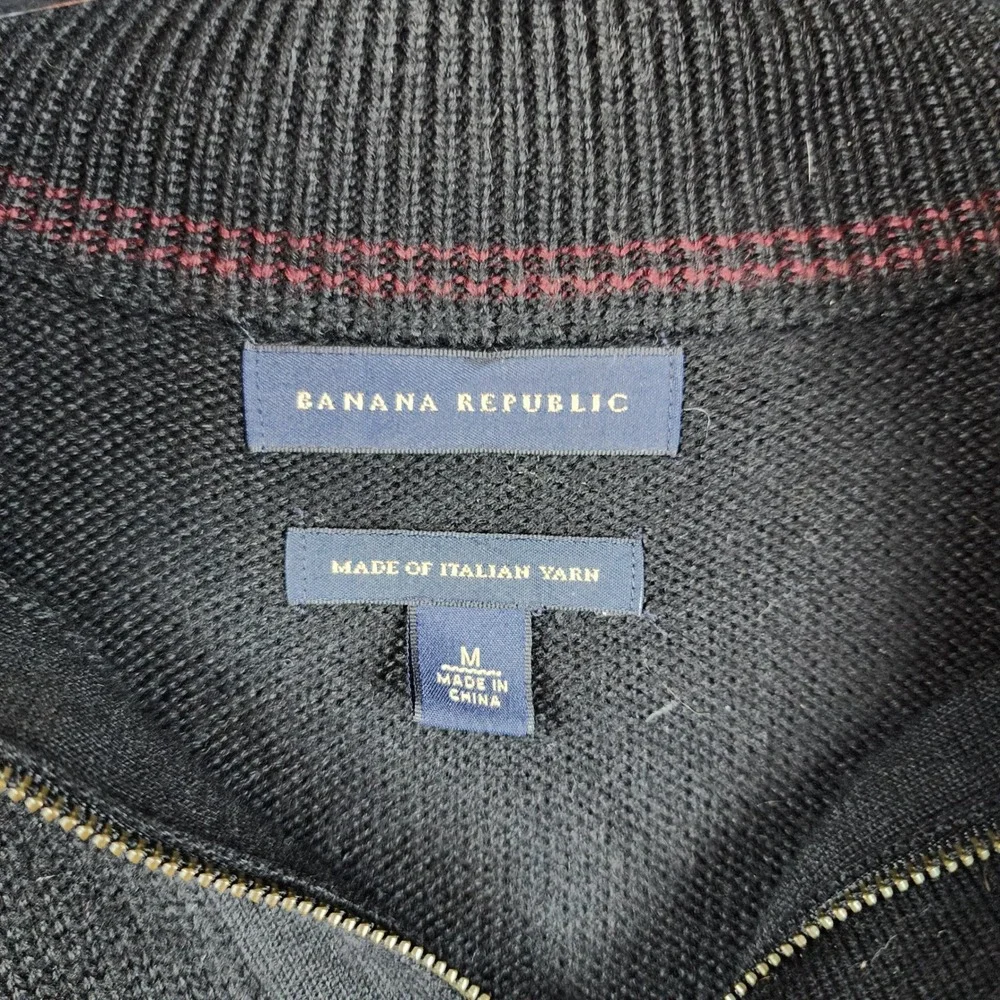 Banana Republic Sweater Men Size M Black Wool Blend Military Epaulet Quarter Zip